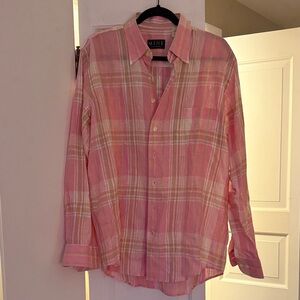 MINE Pink Plaid 100% Linen Long-Sleeve Button-Down Shirt Size Medium EUC